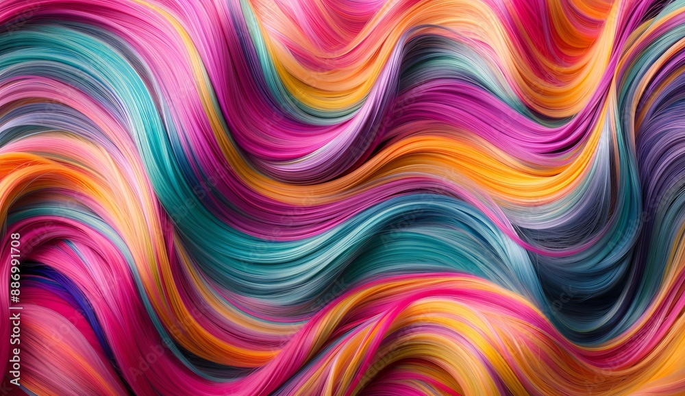 Abstract background of vibrant display of multicolored hair, flowing in waves, showcasing the texture and waves Hair salon concept. Healthy shiny style.
