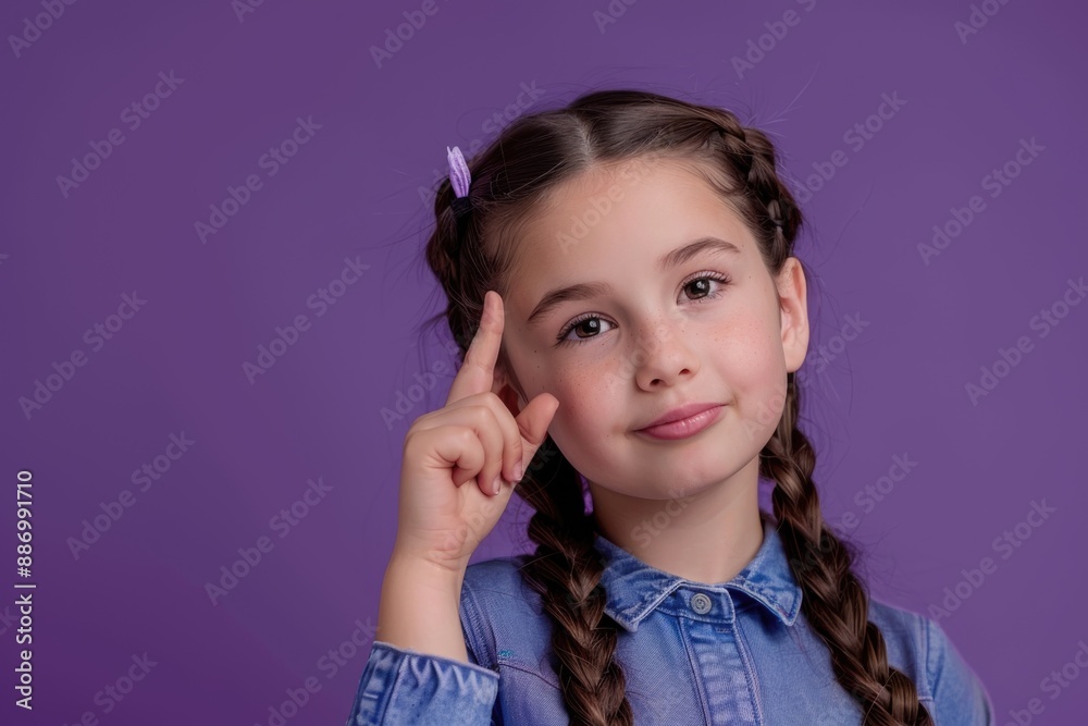 A young girl with braided hair holds her finger to her ear, deep in thought A young girl with braided hair holds her finger to her ear, deep in thought