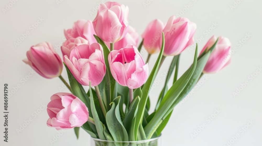 Vibrant pink tulips in small vase on white background floral theme Vibrant pink tulips in small vase on white background floral theme