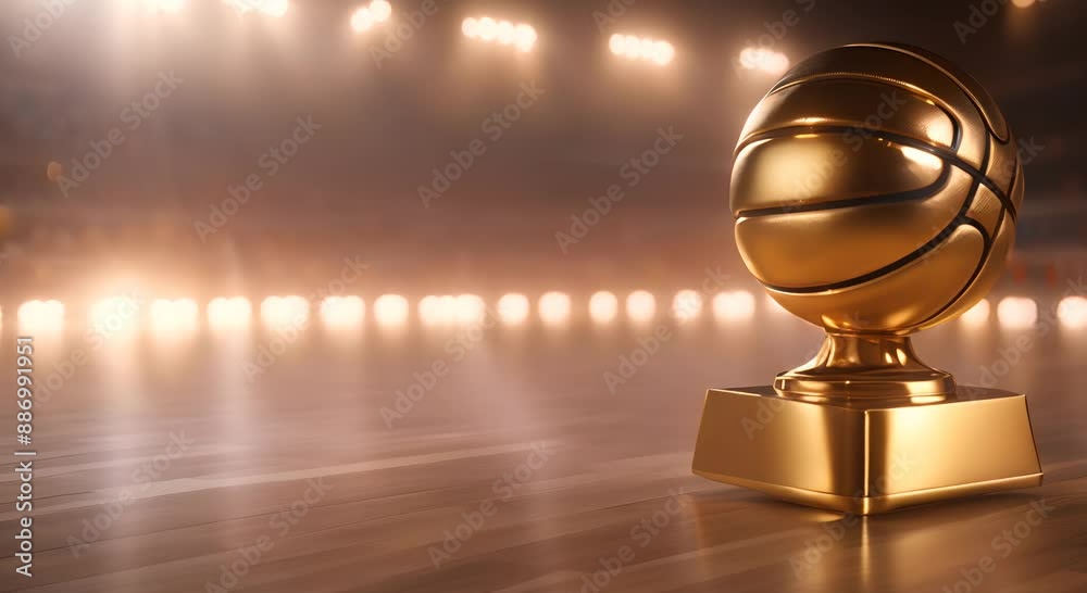 A polished golden basketball trophy sits prominently on a wooden court illuminated by warm lights commemorating a sports victory in an indoor arena at night 4k animation A polished golden basketball trophy sits prominently on a wooden court illuminated by warm lights commemorating a sports victory in an indoor arena at night 4k animation