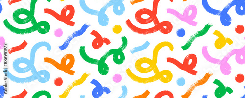 Colorful abstract geometric seamless pattern with squiggles, loops and circles drawn with paintbrush. Bold modern geometric shapes in organic retro style. Abstract modern squiggles and daubs.