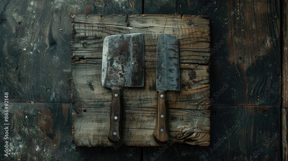 View from above of knives and cleaver on wood block View from above of knives and cleaver on wood block