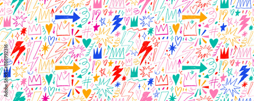 Colorful seamless pattern with crayon drawn punk elements. Hand drawn girly wallpaper with lightnings, crowns, hearts and stars. Pencil scribbles and squiggles. Seamless banner design in punk style.