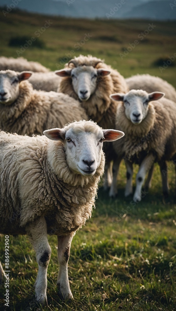 Flock of sheep peacefully grazing on meadow Flock of sheep peacefully grazing on meadow