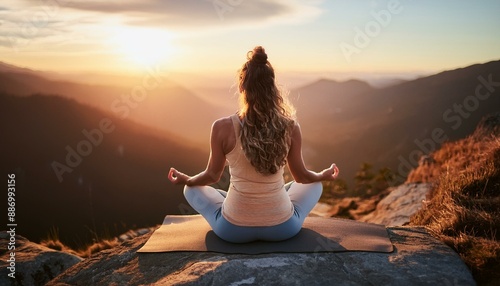 Tranquil Sunset Yoga Pose of a Girl on a Mountain Summit. Generative AI