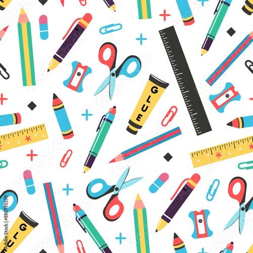 School supplies seamless pattern with scissors, pens, pencils, rulers, paper clips, sharpener and glue. Colorful pattern in flat style. Back to school concept. Isolated on white background.