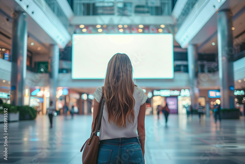 Back view woman looking information on big blank white billboard inside shopping center