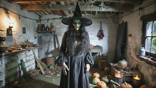 A scary ugly witch stands in an abandoned witch's den. Halloween. Scary tales.