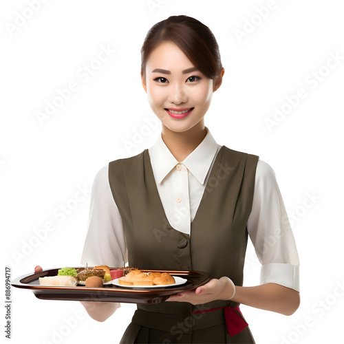 Cheerful mature Asian cook woman posing holding a tray with cake and smiling at camera, chef in an apron png format on transparent background Fictional Person, Generative AI