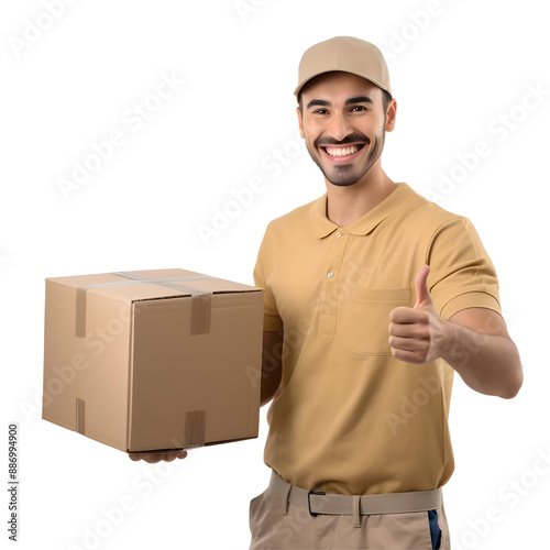 Handsome young delivery man portrait isolated on transparent background	