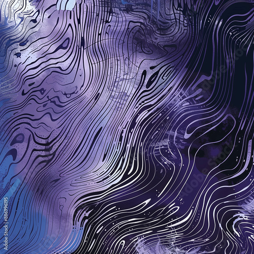 The image is a colorful abstract painting with purple and blue tones