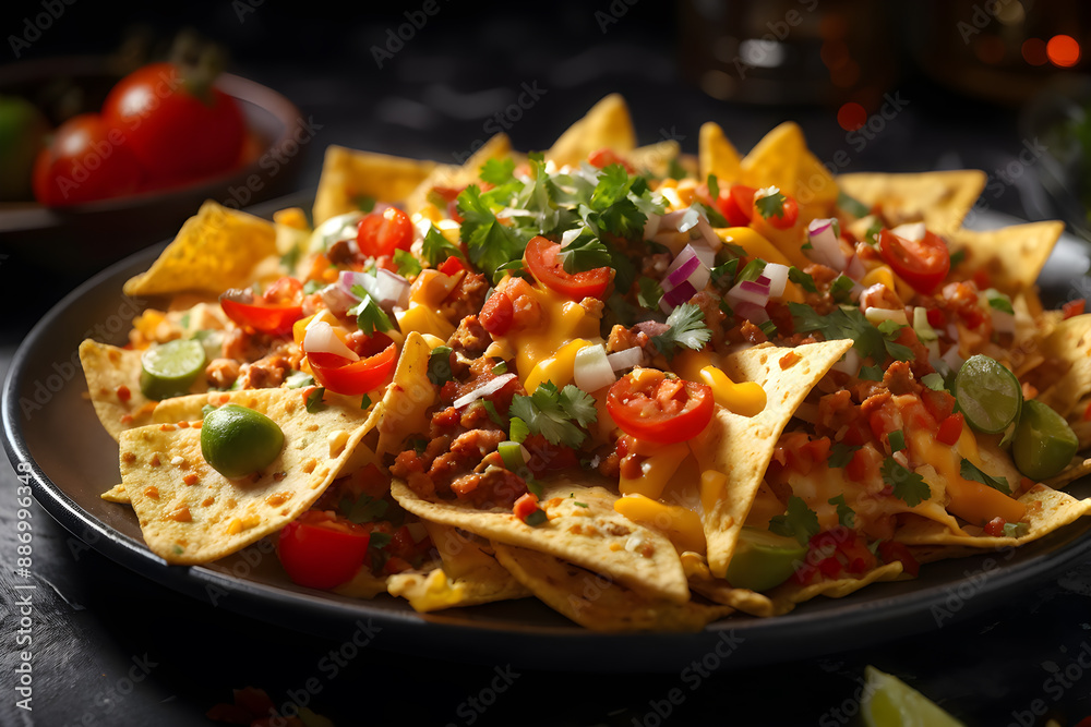 Fototapeta premium A close-up of gourmet nachos, piled tangy salsa, and zesty jalapenos. The warm colors and crispy texture make this appetizer irresistible