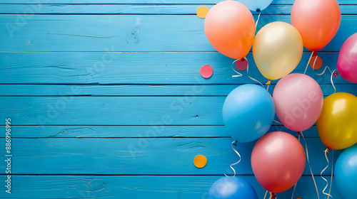 Fototapeta Naklejka Na Ścianę i Meble -  Template of 3d realistic glossy balloons with confetti ribbons on blue wood background and copy space for invitation or greeting text. Party banner for birthday party, sale, opening event, holidays