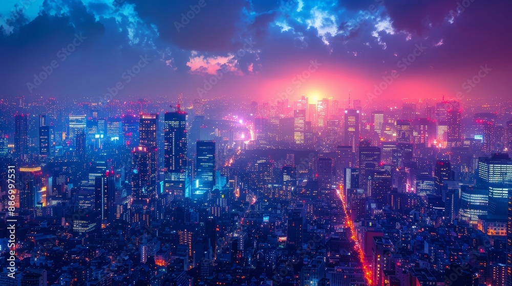 City skyline at night with illuminated buildings City skyline at night with illuminated buildings