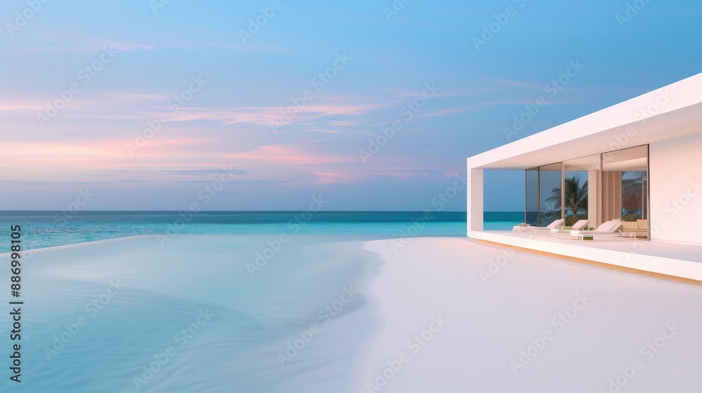 Fototapeta premium Private luxury villa on a beach, pristine white sand, no people, high-resolution, calming and peaceful, modern architecture, soft sunset light