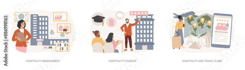 Hotel business isolated concept vector illustration set.