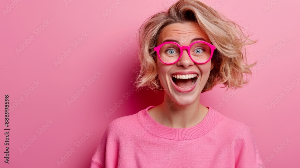 A woman in a pink sweater wears pink glasses, making a humorous face Her hair is gathered in a bun against the pink background A woman in a pink sweater wears pink glasses, making a humorous face Her hair is gathered in a bun against the pink background