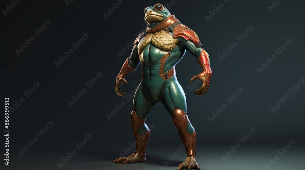 A muscular, humanoid frog-like figure in a teal and gold suit, stands ready for action A muscular, humanoid frog-like figure in a teal and gold suit, stands ready for action