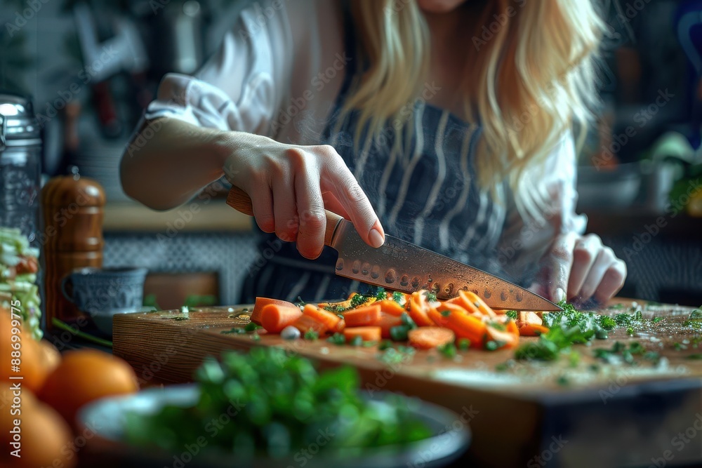 A woman in an apron chopping carrots on a wooden cutting board in a kitchen. A woman in an apron chopping carrots on a wooden cutting board in a kitchen.