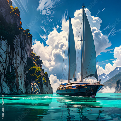 a large yacht is floating in the water with mountains and clouds in the background