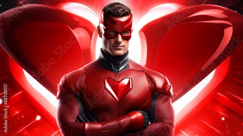 A superhero stands confidently before a red heart emblem