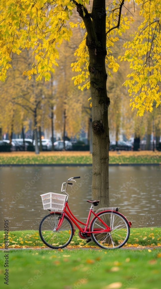 Fototapeta premium A red bicycle with a basket is parked near a tree trunk in a park during the autumn season, surrounded by fallen leaves and green grass