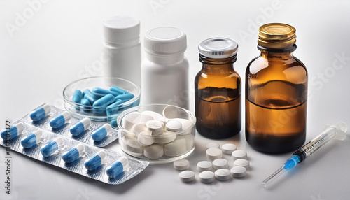 Multi-colored tablets in packs and jars on a white background close-up created in AI 