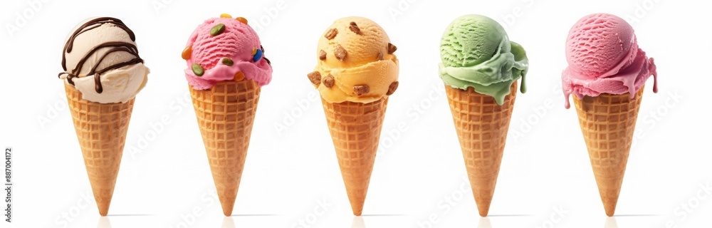 Ice cream scoop on waffle cone on transparent background cutout, PNG file. Many assorted different flavour Mockup template for artwork design.
Ice cream scoop on waffle cone on transparent background cutout, PNG file. Many assorted different flavour Mockup template for artwork design.