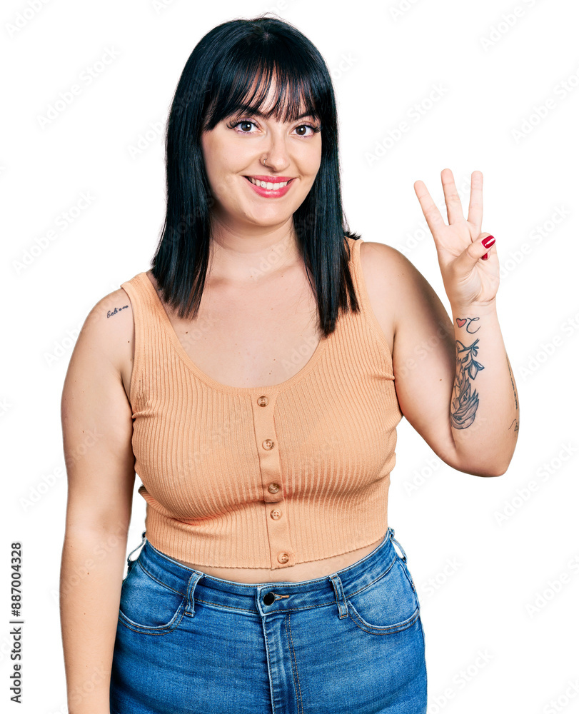 Young hispanic plus size woman wearing casual clothes showing and pointing up with fingers number three while smiling confident and happy. Young hispanic plus size woman wearing casual clothes showing and pointing up with fingers number three while smiling confident and happy.
