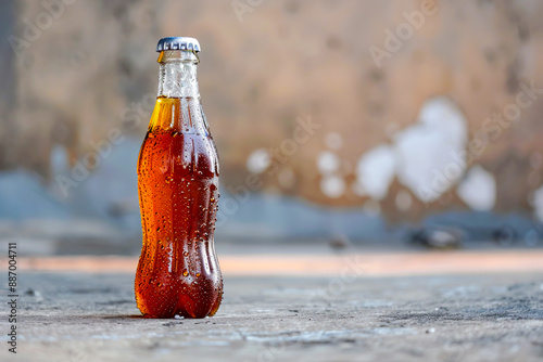 A single chilled soda bottle with condensation sits on an outdoor surface, highlighting its refreshing and cool appeal. Copy Space of right side.