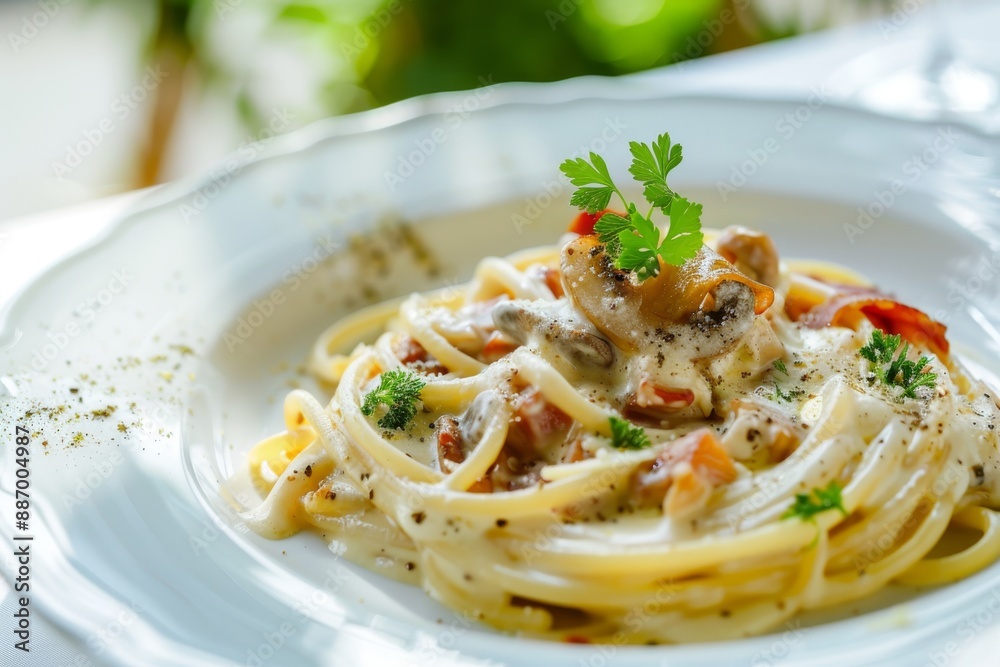 Plate of linguine pasta with creamy mushroom sauce and fresh herbs on a white plate. Italian cuisine concept. Plate of linguine pasta with creamy mushroom sauce and fresh herbs on a white plate. Italian cuisine concept.
