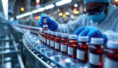 Black pharmacist wearing protective sanitary gloves examining medical vials on production line conveyor belt in medical healthcare mass production factory manufacturing prescription drugs medication photo