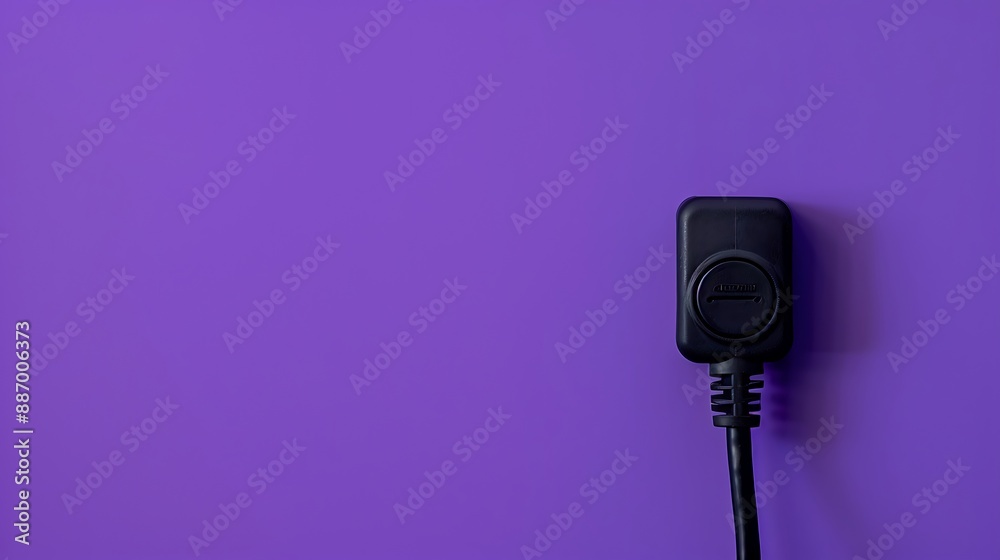 The black plug is plugged into the power lines on purple background The black plug is plugged into the power lines on purple background