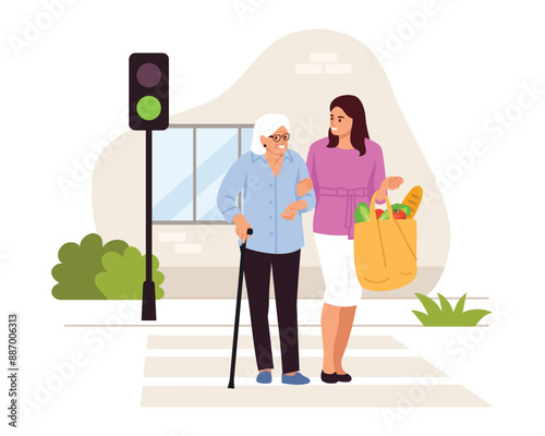 Vector illustration of a woman helping a grandmother to cross the road. Cartoon scene of a caring young woman with a package of groceries helping an elderly woman with a stick to cross the road.