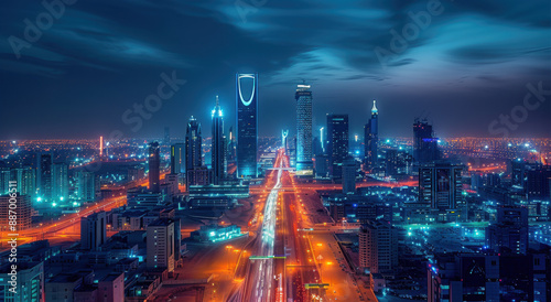 During the blue hour, the KAFD buildings in Riyadh, Saudi Arabia, stand out