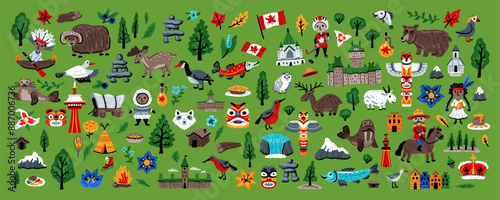 Canada vector travel symbols set. Collection of national canadian icons. Set of design elements in a hand-drawn style. Tourism. Children's doodle illustration for concept art