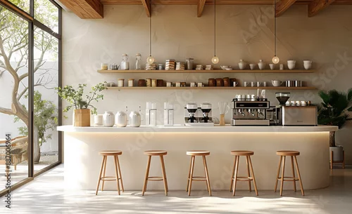 Fototapeta na wymiar Minimal interior design of cafe or coffee cafe bar shop in clean minimalist style, decorated with warm tone, relaxing tones with glossy ivory white round corner counter and coffee machinery.