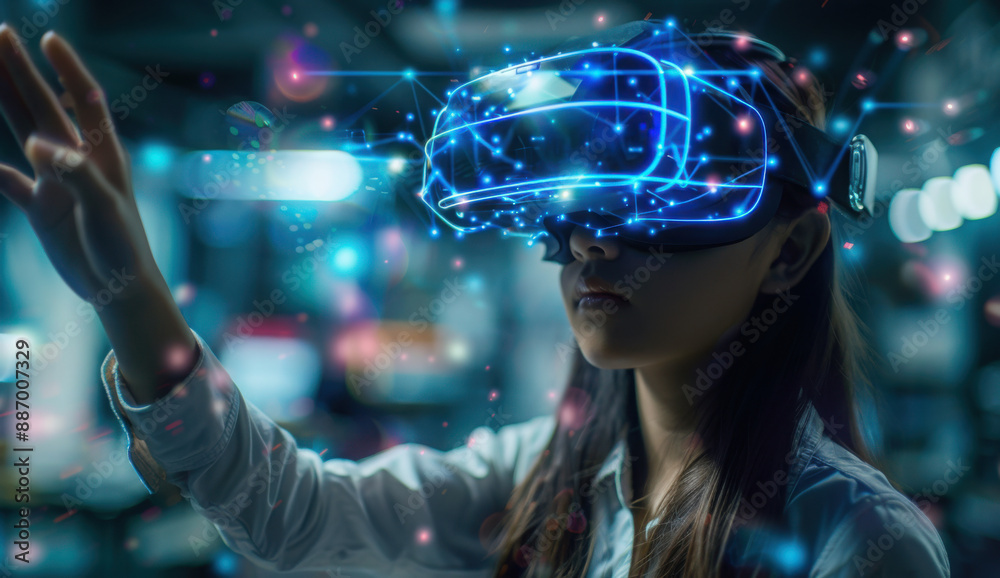 School student with VR headset using AI artificial intelligence technology & machine learning.Interactive technology in classroom. Innovation & smart tech. AI blue hologram in education School student with VR headset using AI artificial intelligence technology & machine learning.Interactive technology in classroom. Innovation & smart tech. AI blue hologram in education