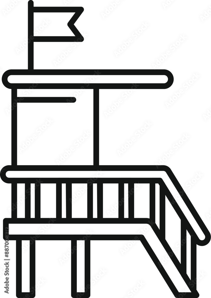 Fototapeta premium Black and white line art of a baywatch observation tower with a flag on top, ensuring the safety of swimmers