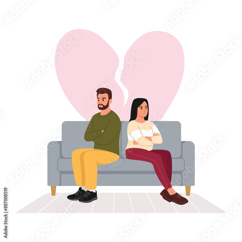 Vector illustration of family disorder. Cartoon scene of a man and a woman sitting on a couch,turned away from each other,a broken heart isolated on a white background. The love in the family is gone.