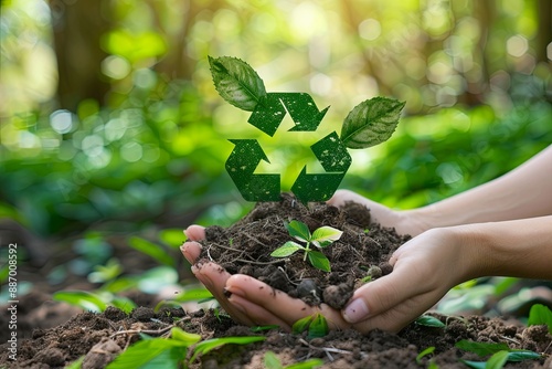 Gentle Hands Nurturing a Green Future With a Recycling Symbol in a Forest Setting photo