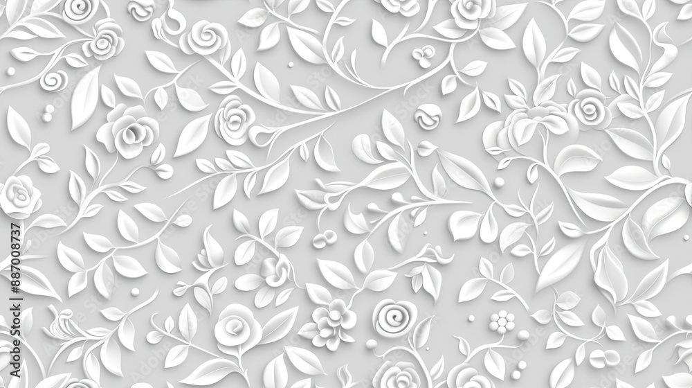 A close-up of a white, 3D floral pattern with swirling vines and intricate details SEAMLESS PATTERN A close-up of a white, 3D floral pattern with swirling vines and intricate details SEAMLESS PATTERN