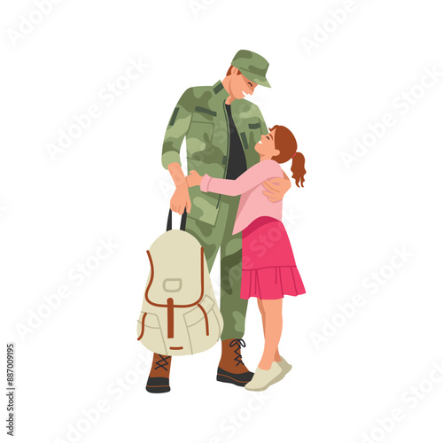Vector illustration of a daughter hugging her military dad. Cartoon scene of a smiling military man returning home, holding a briefcase and hugging his happy daughter isolated on white background.