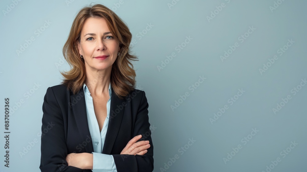 Professional MiddleAged French Businesswoman With Crossed Arms Against Light Blue Background Professional MiddleAged French Businesswoman With Crossed Arms Against Light Blue Background