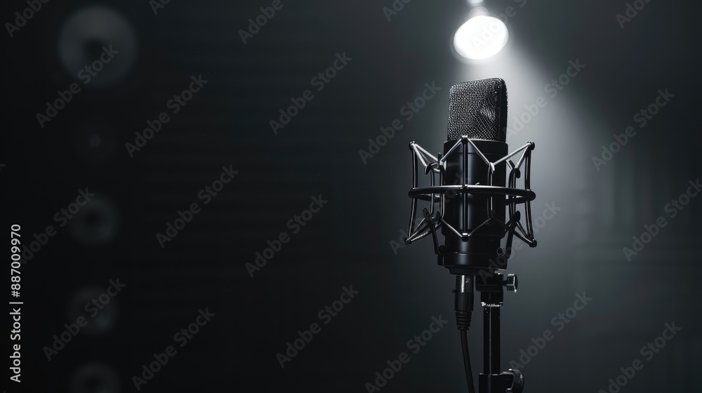 Professional microphone on black background in recording studio Professional microphone on black background in recording studio