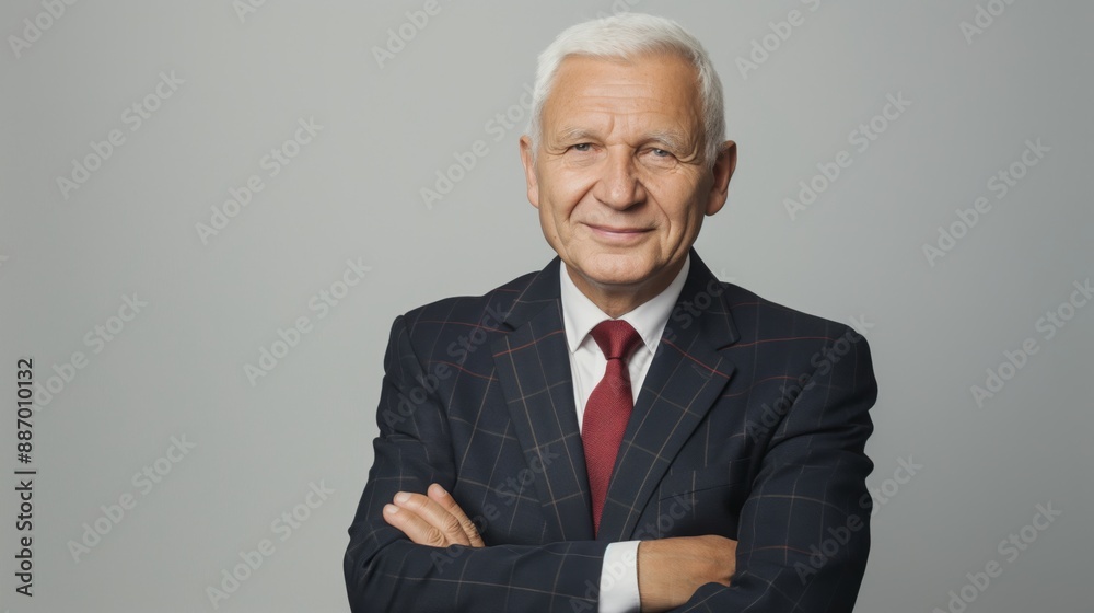 Confident Elderly Businessman With White Hair in Plaid Suit and Red Tie for Professional Corporate Portrait