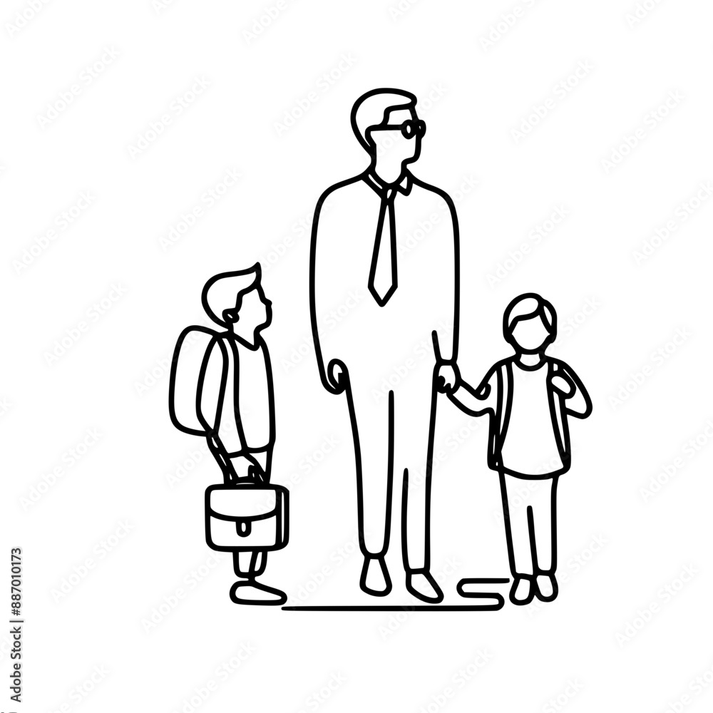 single line vector drawing of a standing man with a tie and two boys single line vector drawing of a standing man with a tie and two boys