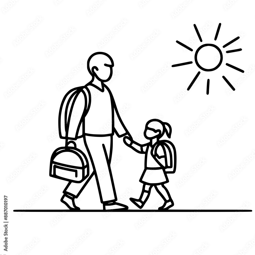single line vector drawing of a man and a little girl, dad leading his daughter from school under the sun single line vector drawing of a man and a little girl, dad leading his daughter from school under the sun