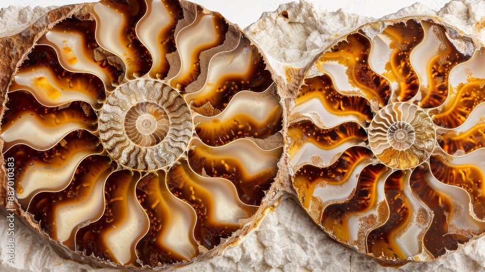 Ultra-detailed image of a fossilized ammonite, spiral chambers and suture patterns in focus, mineralizations creating vibrant colors Ultra-detailed image of a fossilized ammonite, spiral chambers and suture patterns in focus, mineralizations creating vibrant colors