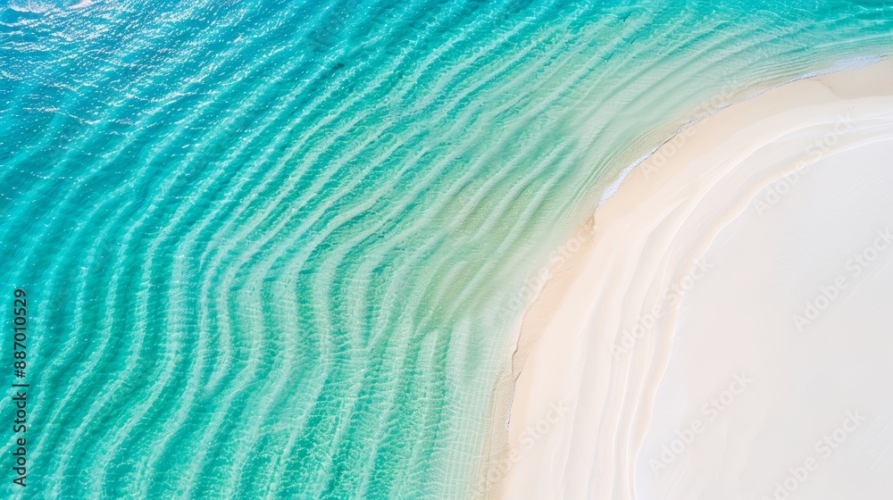 Obraz premium Ultra-sharp drone shot of a pristine beach, turquoise waters, white sand patterns, high-resolution photo, realistic photo, cinematography